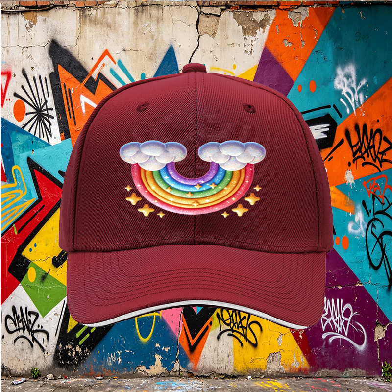 Unisex Classic Sandwich Hat with Rainbow and Cloud Print - Perfect for Outdoor Activities, Festivals, and Casual Wear - Ideal for Adults and Teens Seeking Fun, Colorful Headwear