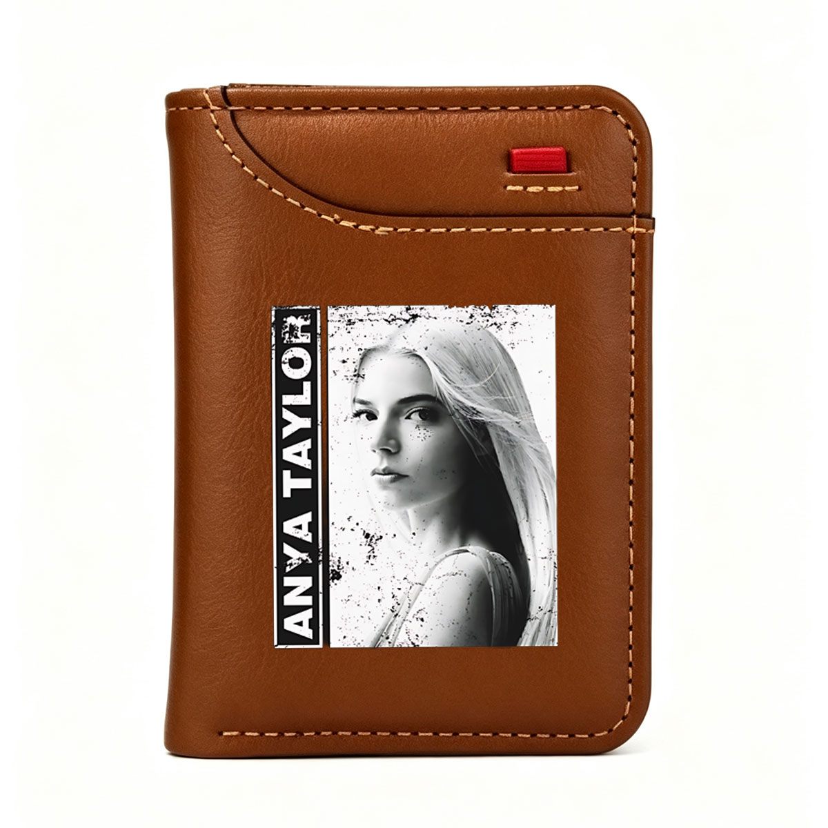 Anya Taylor-Joy in a striking black and white portrait with artistic splatter effects. - Vertical Style Wallet
