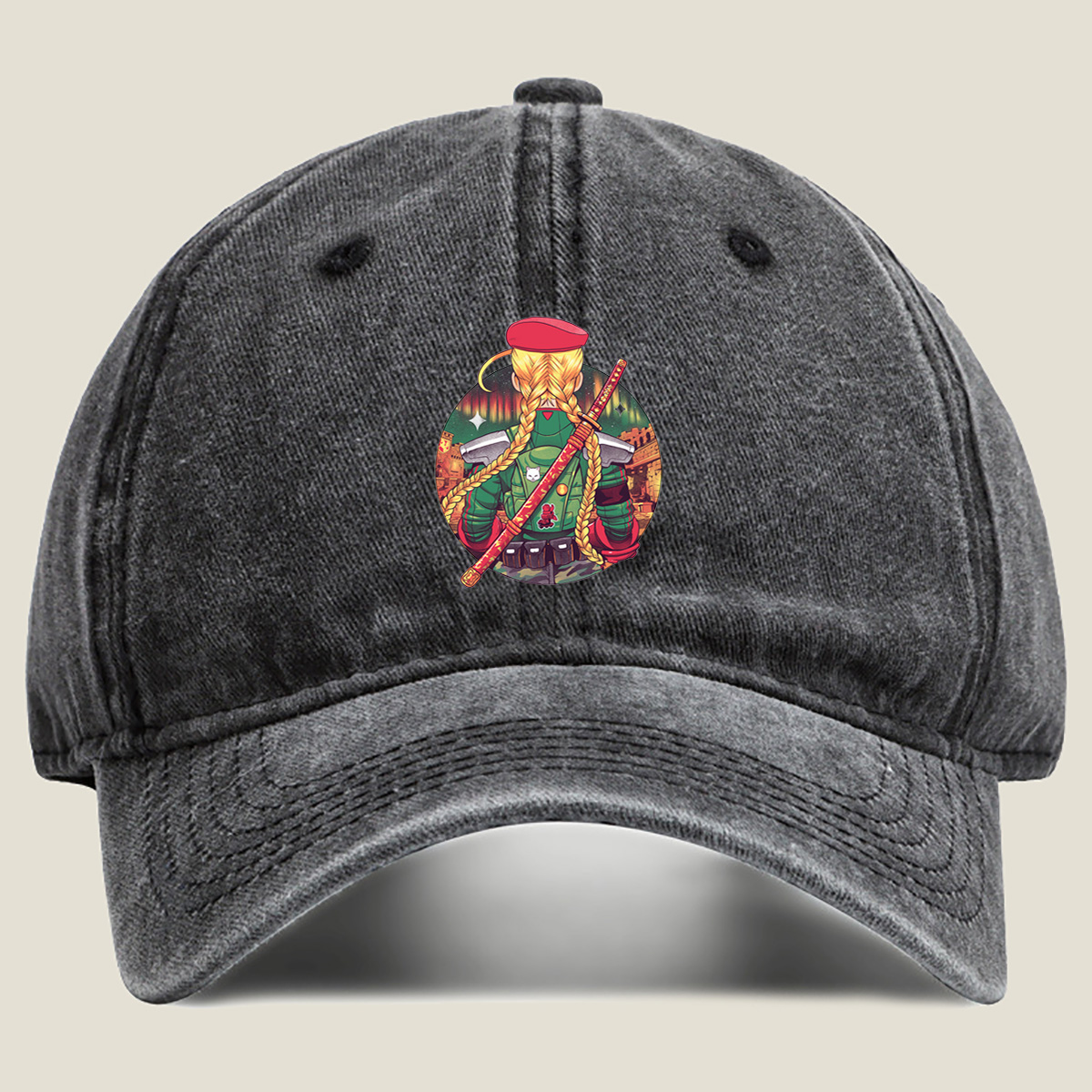 **Title:** Street Fighter - Cammy with Katana - Washed Denim - Baseball Cap