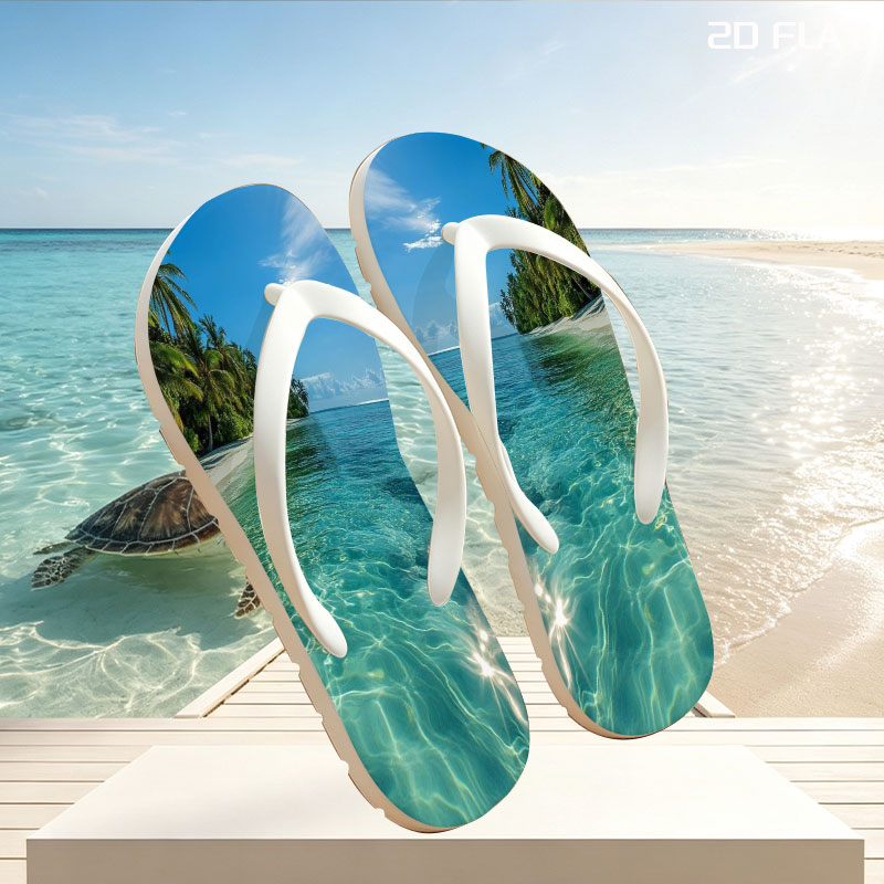Crystal-clear turquoise waters meet a pristine white sand beach lined with lush palm trees under a bright blue sky. -  flip-flops