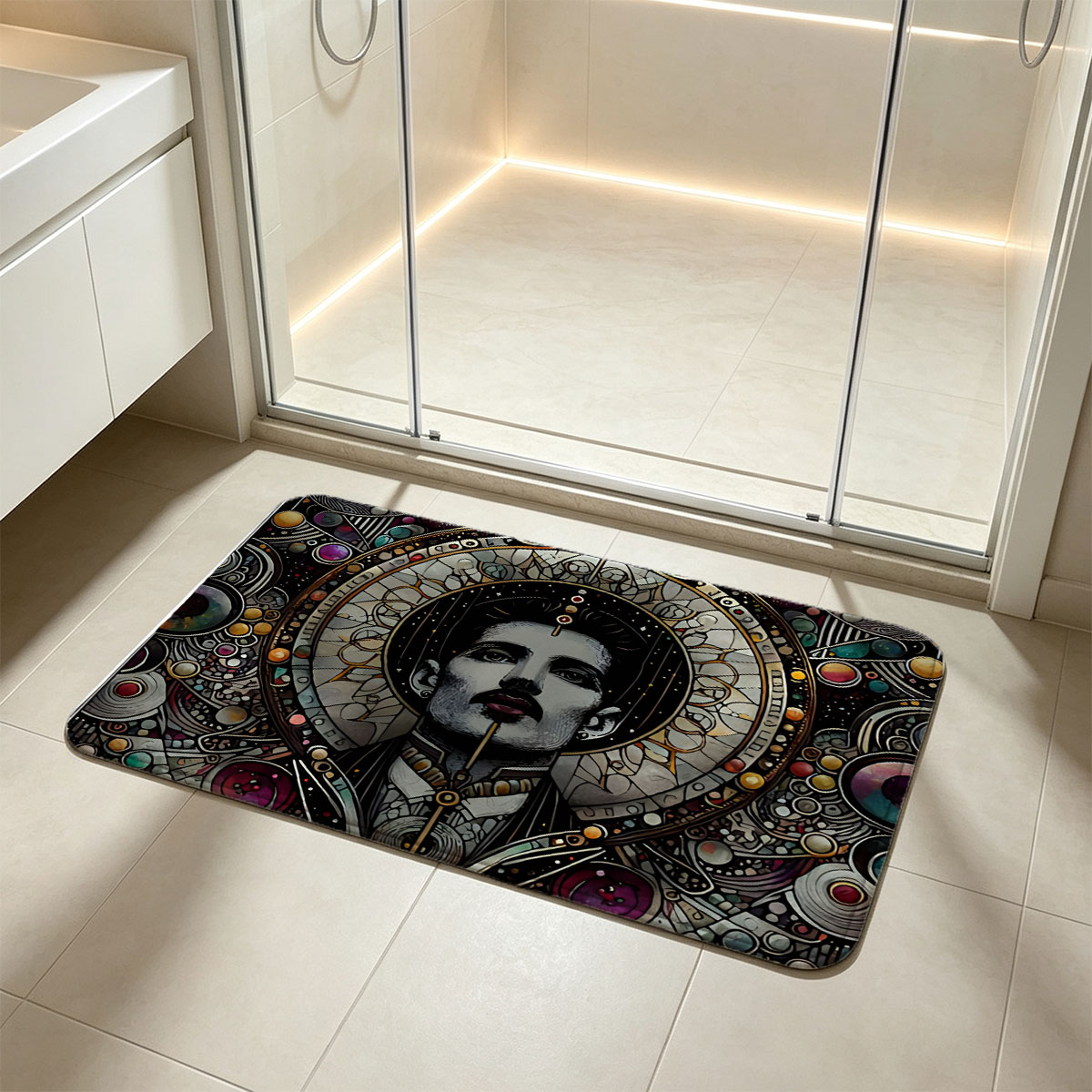 Freddie Mercury in Cosmic Stained Glass Art - Flannel floor mat