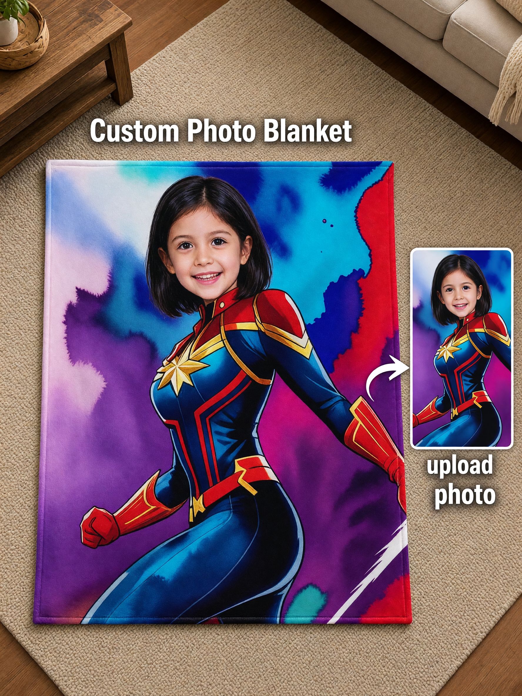 Personalized Face Photo Superhero Flannel Blanket, Ultra Soft Warm Throw for Sofa Couch, Ideal Custom Gift
