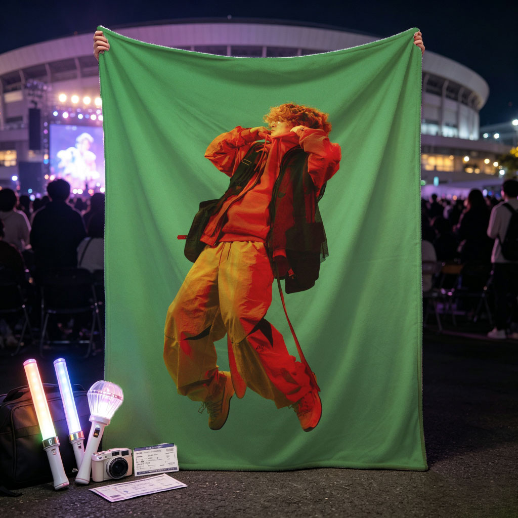 Troye Sivan in a vibrant red and yellow outfit mid-jump against a green background - Blankets