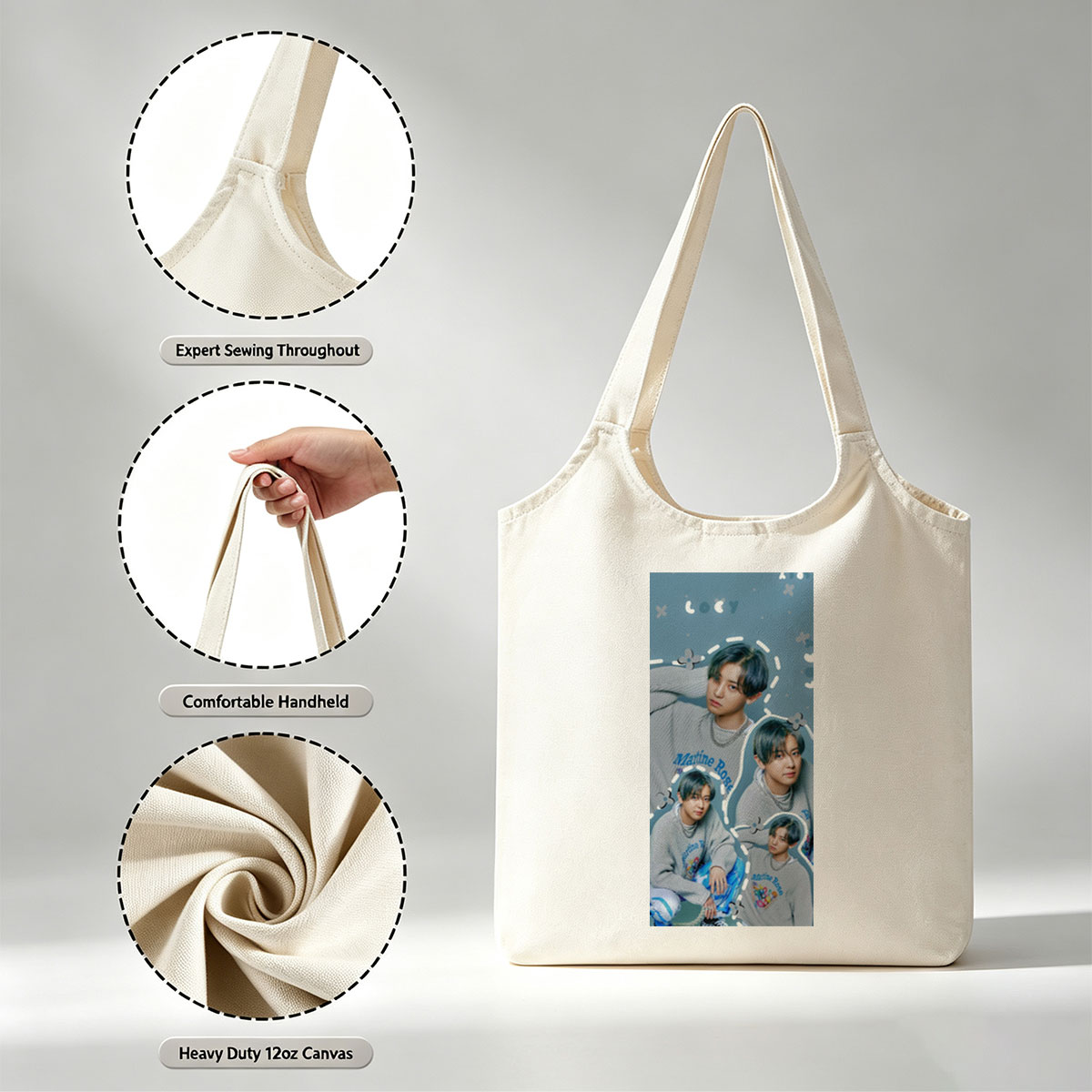 Kai - Multiple Poses in Gray Sweater with Marine Rose Design - Collage Style Photo - Canvas shoulder bags/