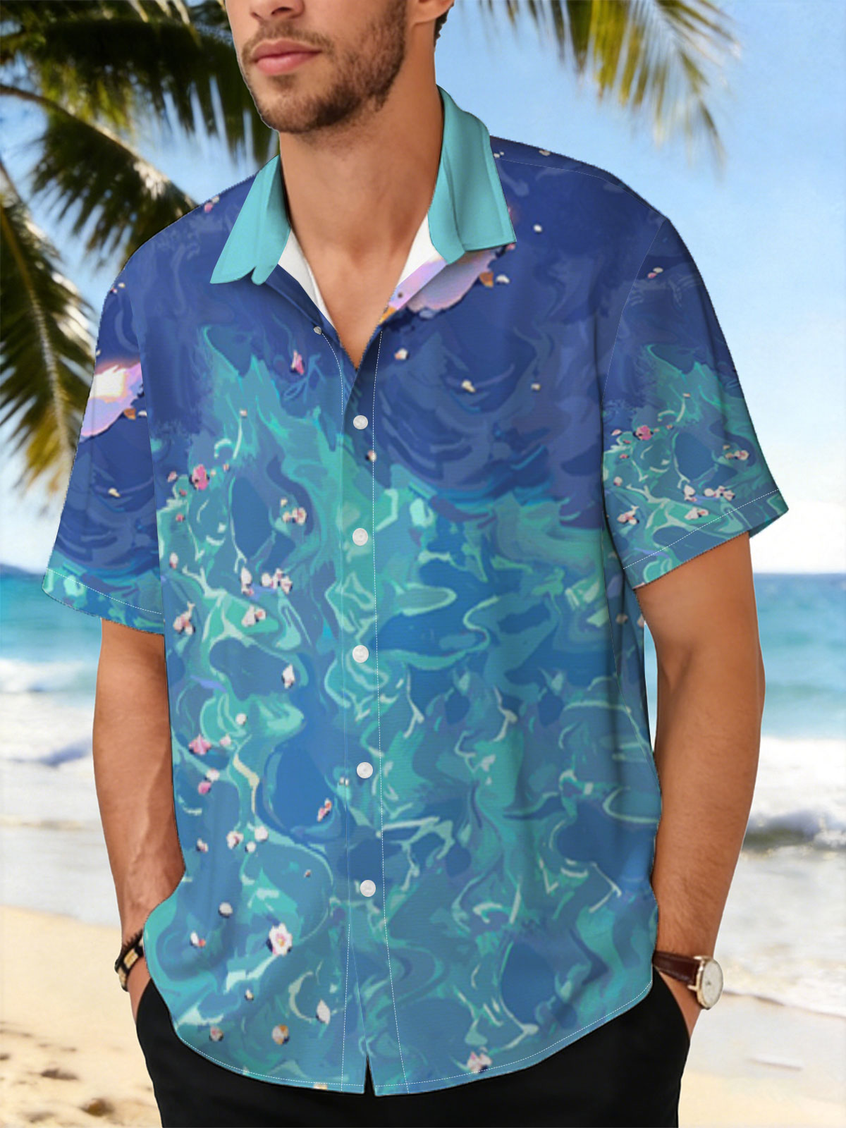 Ducks floating on a vibrant blue pond with scattered petals -  Shirt