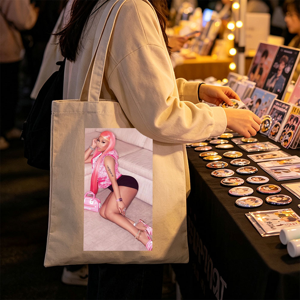 Nicki Minaj Sitting on Couch in Pink Outfit with Matching Accessories - Canvas tote bags