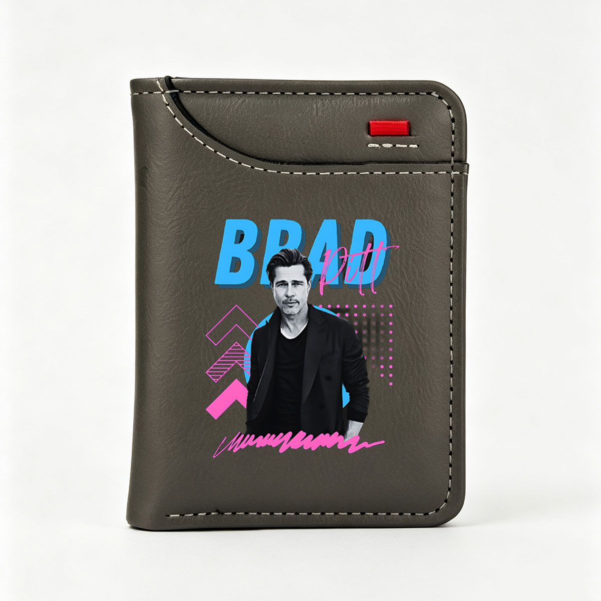 Brad Pitt in a stylish black suit against a vibrant graphic background with bold text and geometric patterns. - Vertical Style Wallet