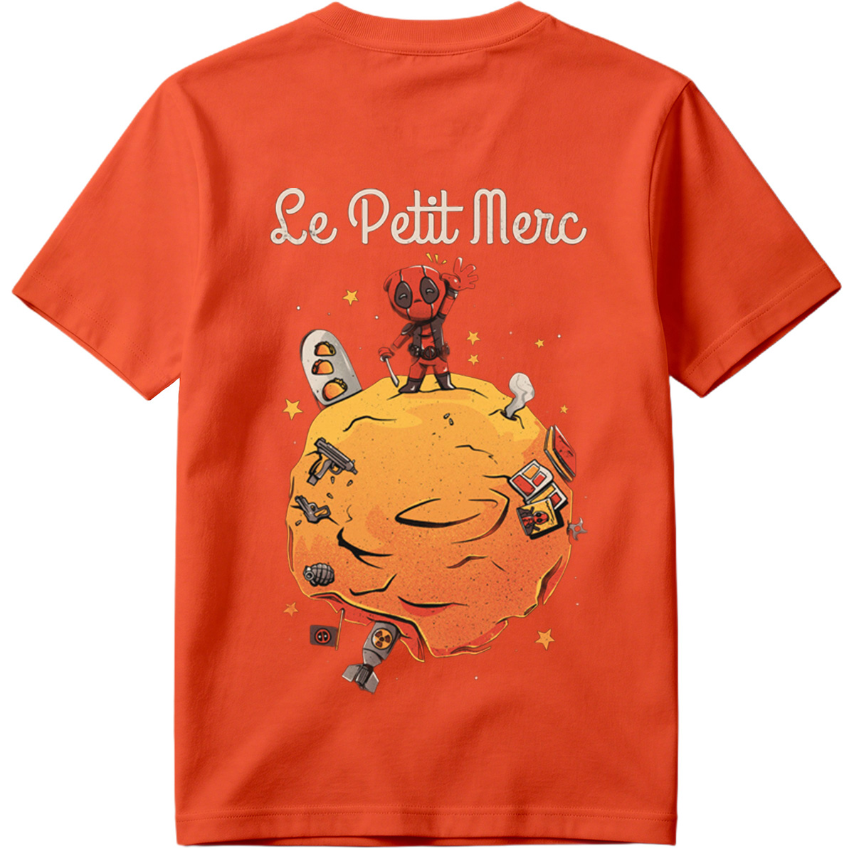 Deadpool on a Planet with Weapons and Space Items - Tee