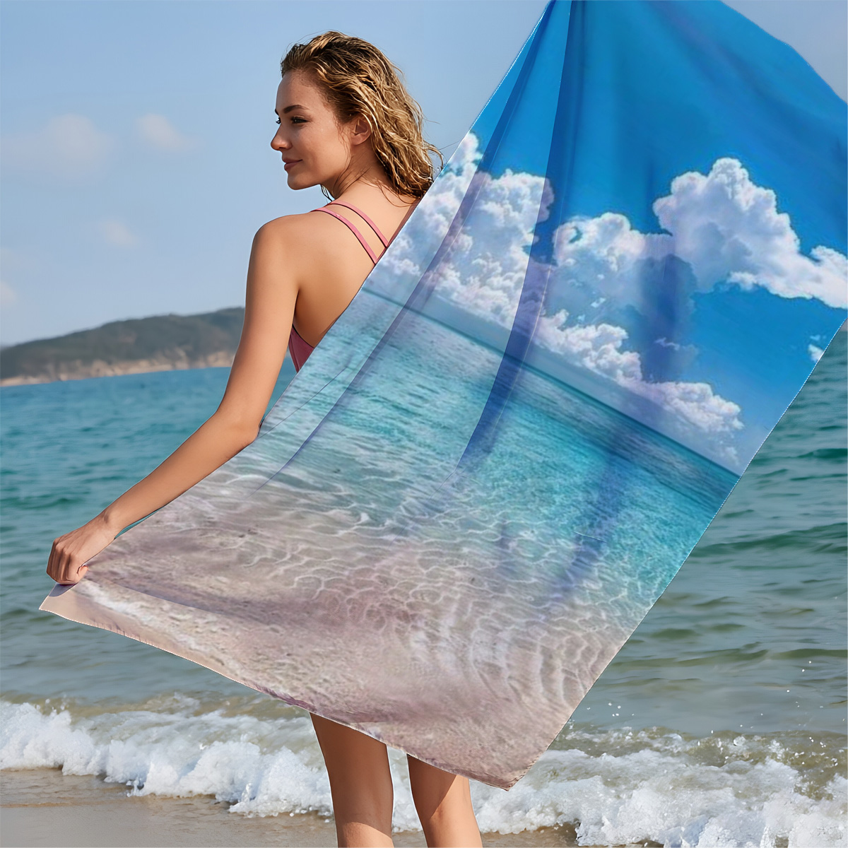 Crystal clear turquoise waters meet soft sandy beach under a vibrant blue sky with fluffy white clouds. - Beach towels