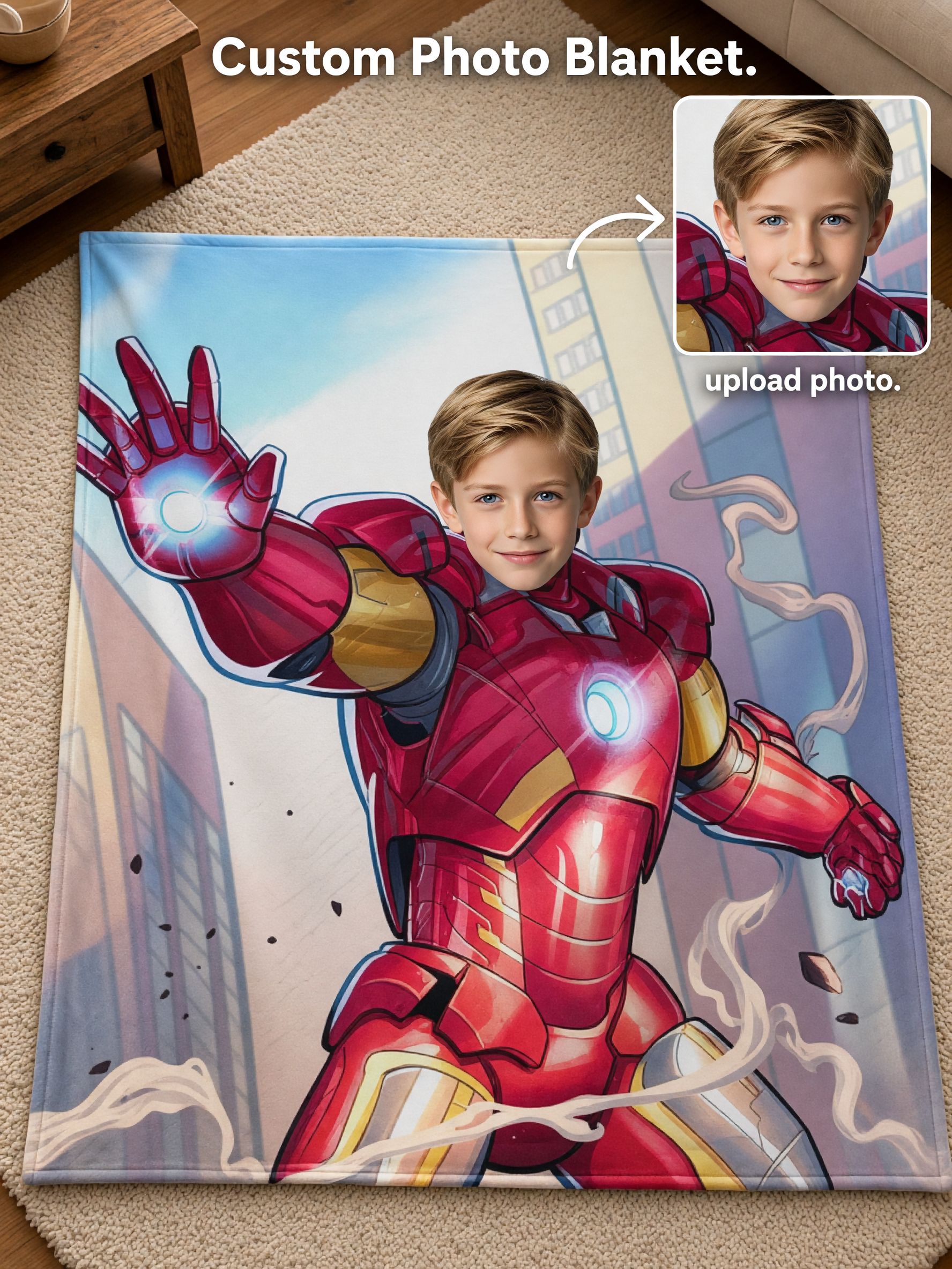 Custom Photo Face Superhero Flannel Throw Blanket Personalized Kids Bed Couch Fleece Cover Cozy Gift for Boys and Girls