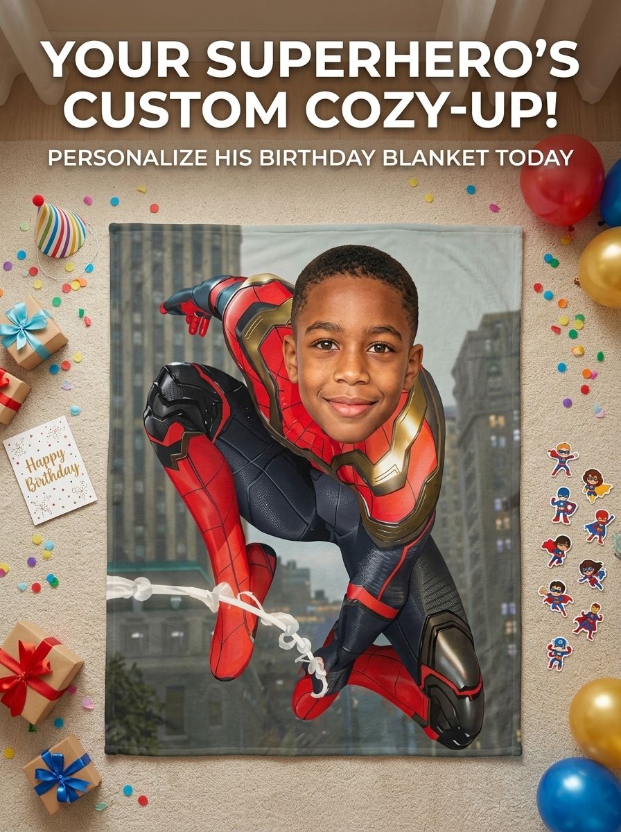 Custom Face Photo Blanket Personalized Superhero Flannel Throw Ultra Soft Fleece Blanket Cozy Gift