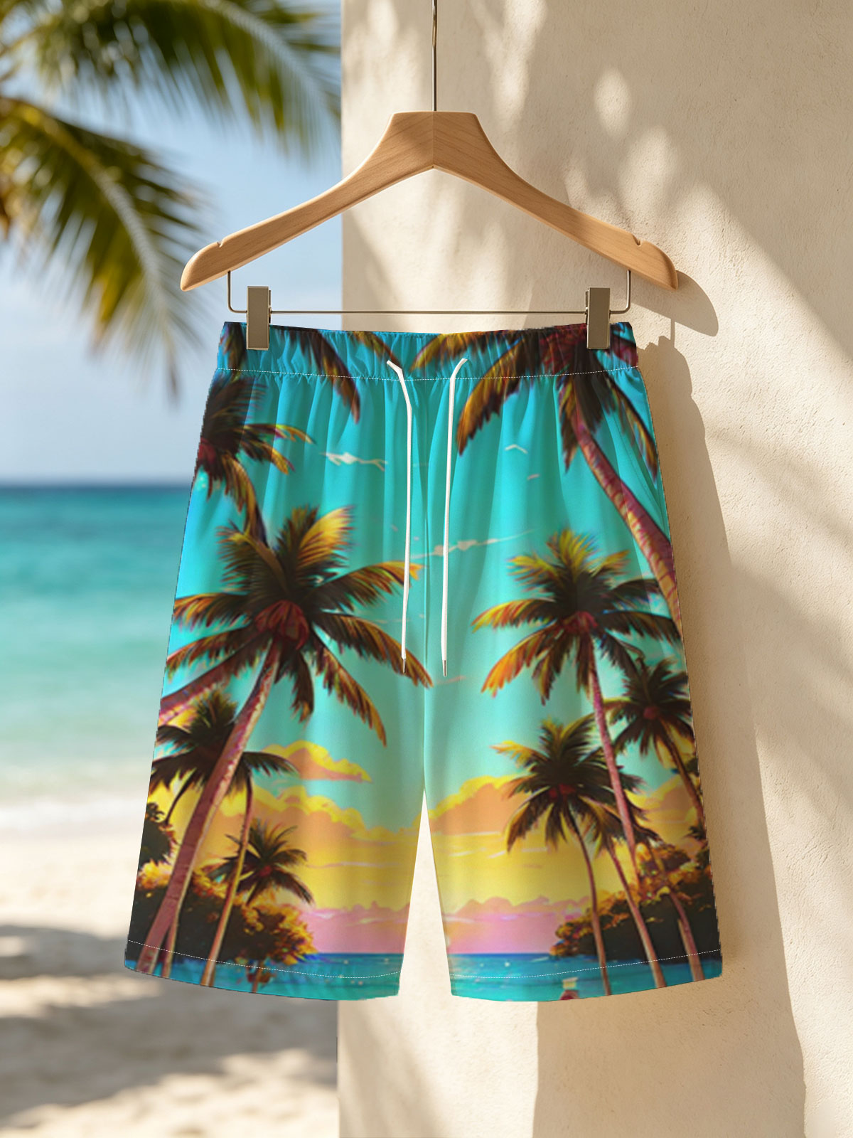 Tropical Sunset Beach with Palm Trees and a Solitary Figure -  Beach shorts
