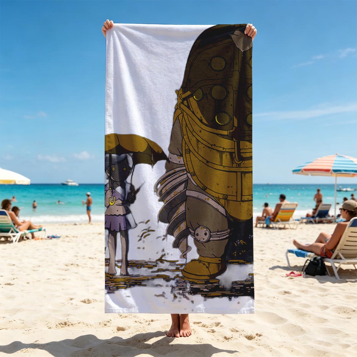 Rapture Sign, Little Girl with Umbrella, and Big Daddy from Bioshock - Beach towels