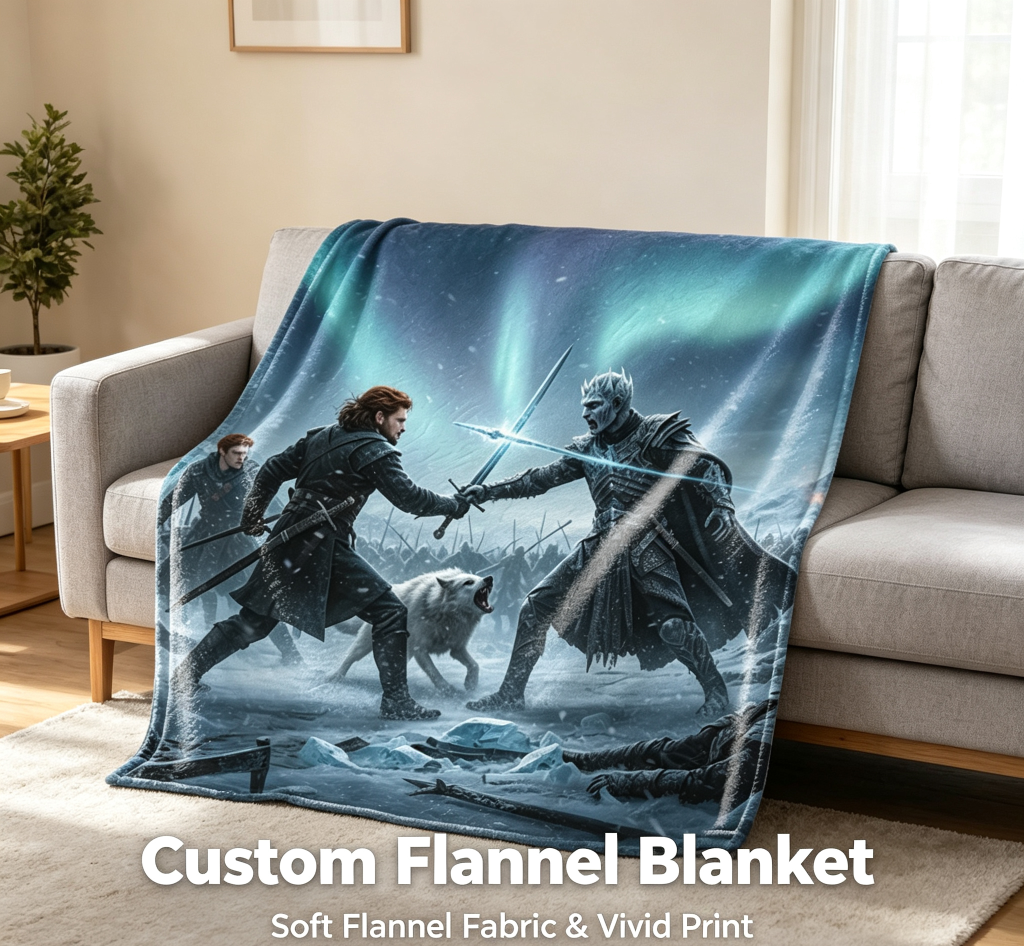 Custom Face Blanket Game of Thrones Night King Battle Scene Flannel Blanket Cozy Winter Bedding Gift for Fans