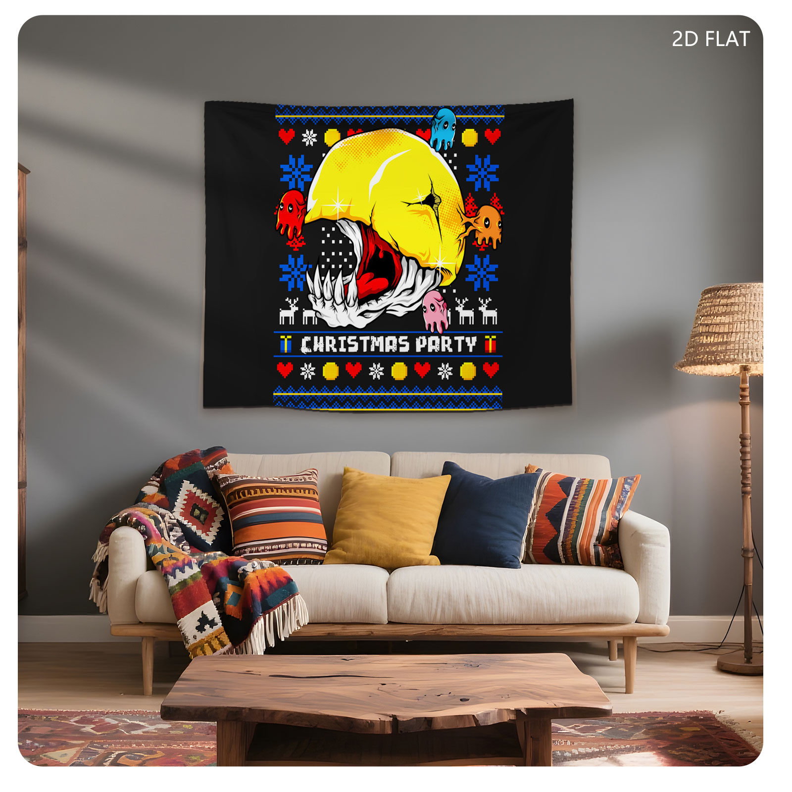 Pac-Man Christmas Party with Ghosts and Holiday Patterns - Tapestry