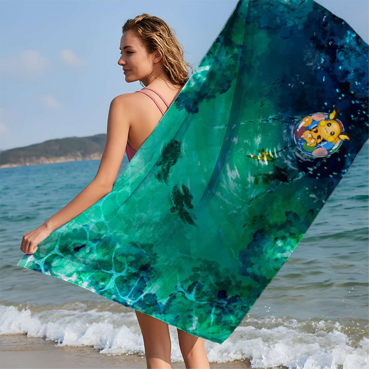 Pikachu floating on a colorful ring in a serene, turquoise pool with fish swimming below. - Beach towels