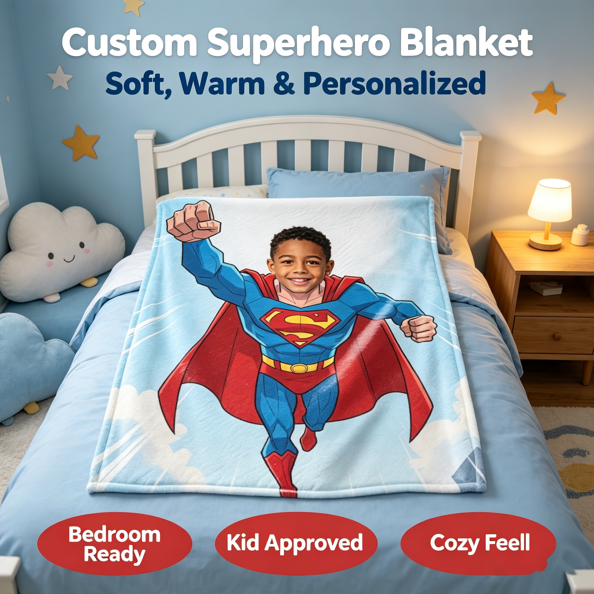 Customized Superhero Blanket With Kid Photo, Personalized Superman Flannel Throw Blanket, Custom Upload Image, Birthday Xmas Present for Little Boys Bedroom Sofa Travel