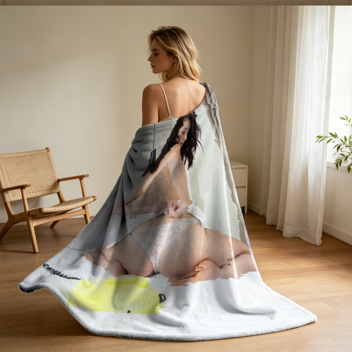 Two Women in Leather Dress and Lingerie Embracing on Bed - Blanket