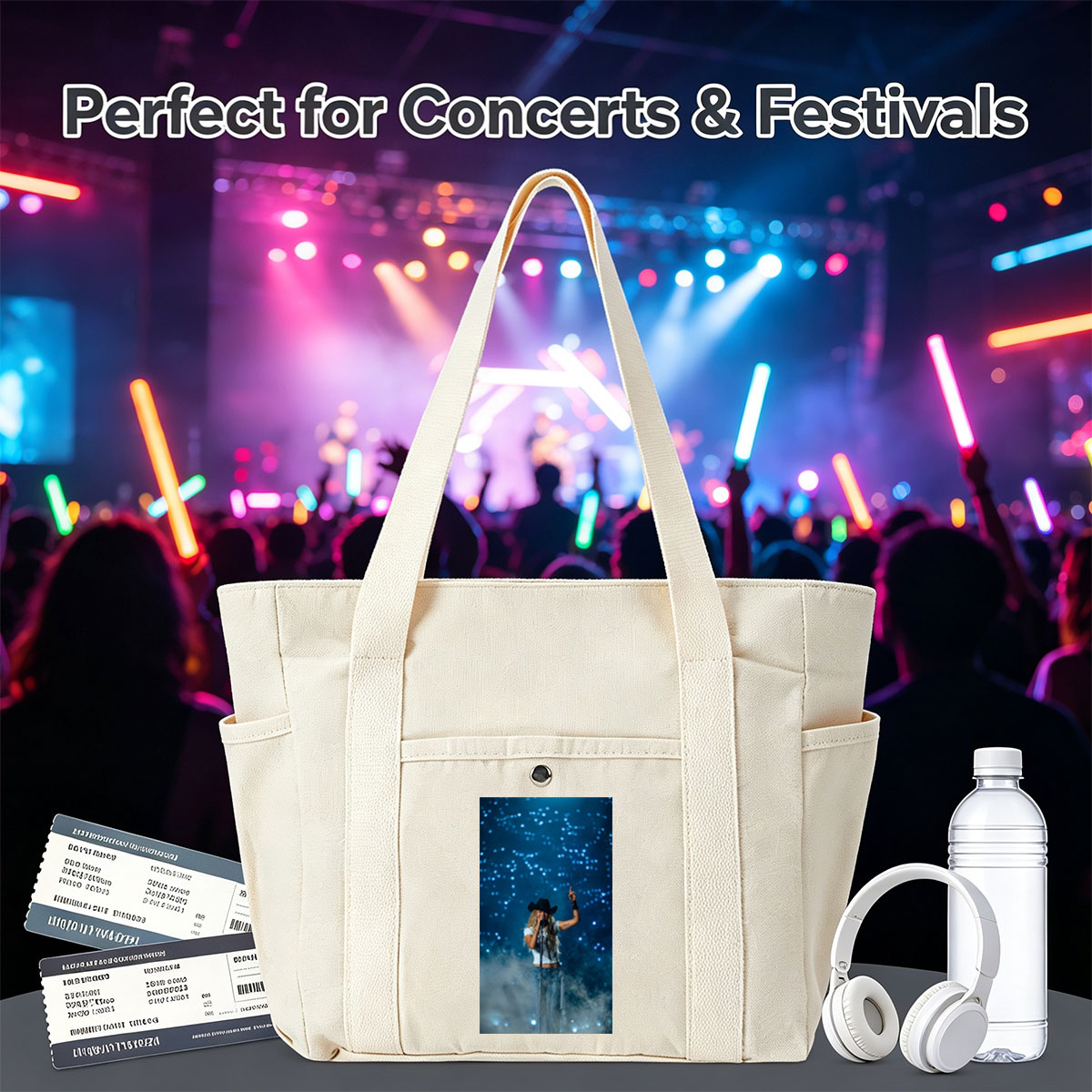 Miranda Lambert on Stage Performing with a Microphone and Cowboy Hat Under Blue Lights - Multi-pocket bags