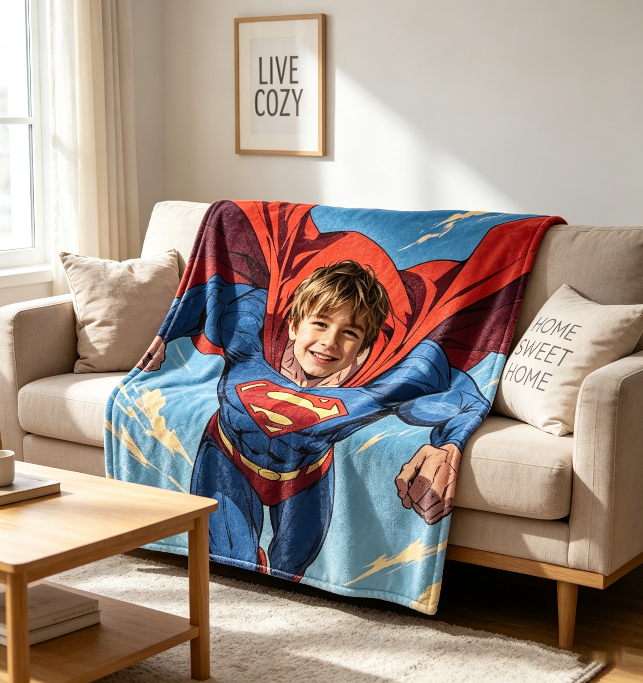 Custom Superhero Blanket – Personalized Name & Face, Soft Fleece Throw