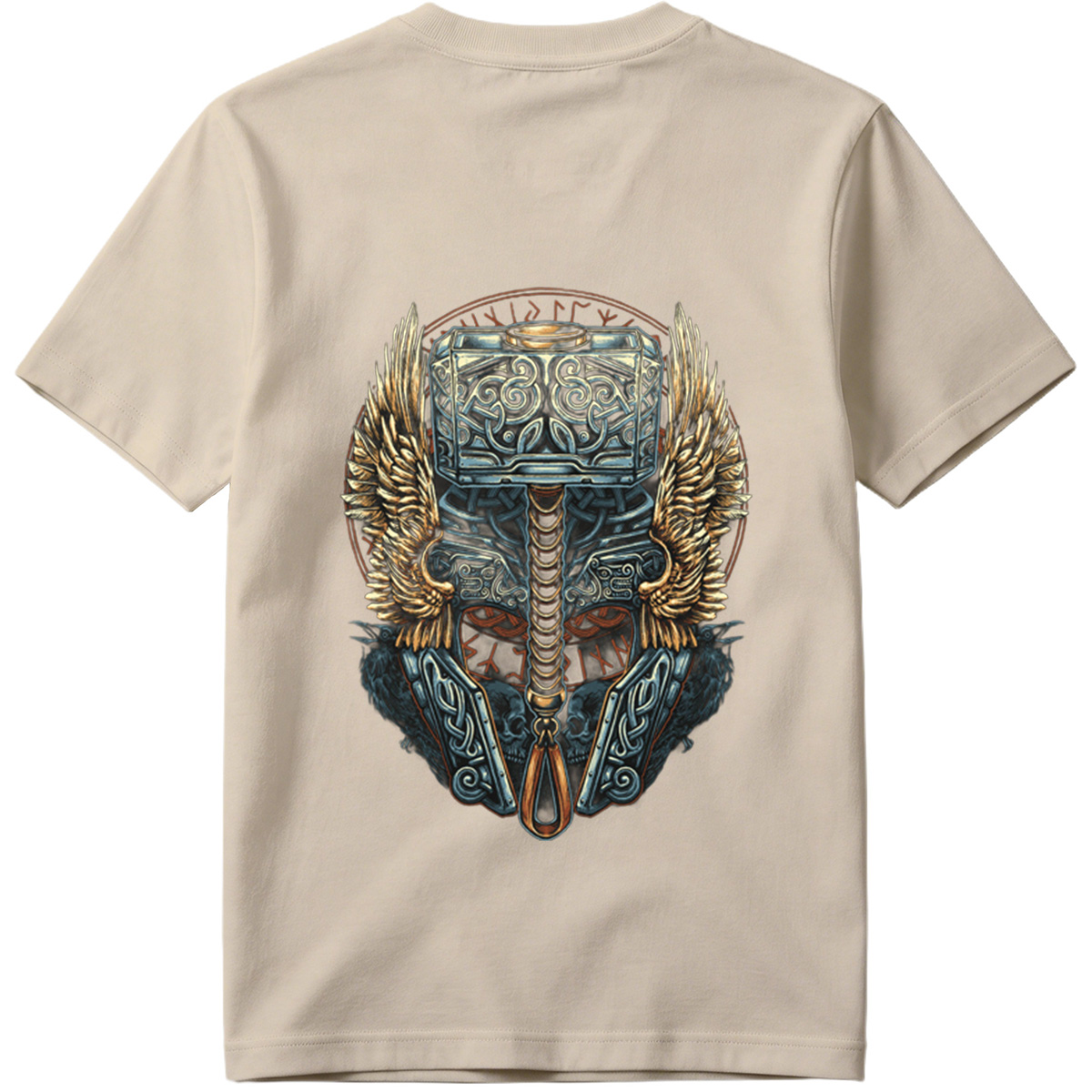 Thor's Hammer Mjolnir with Norse Symbols and Wings - Tee