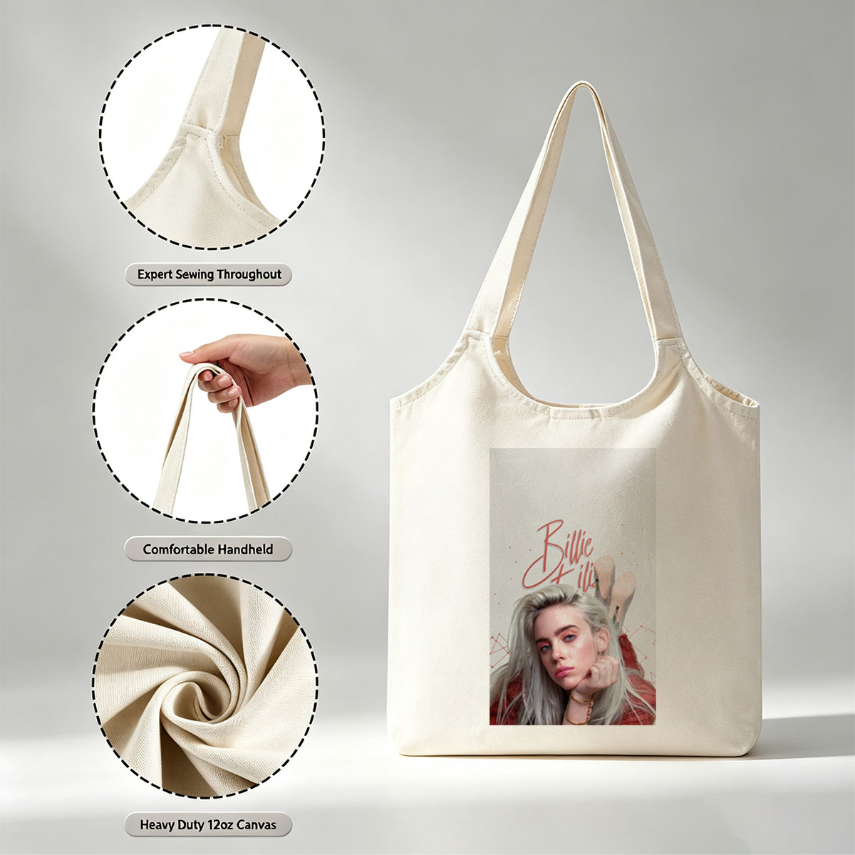 Billie Eilish - Close-Up Portrait with Blonde Hair and Red Outfit - Canvas shoulder bags/