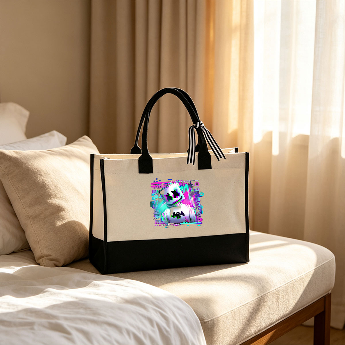 DJ Marshmello Techno EDM Music Artist with Iconic Helmet and Glitch Art Style - Canvas patchwork gift tote bag
