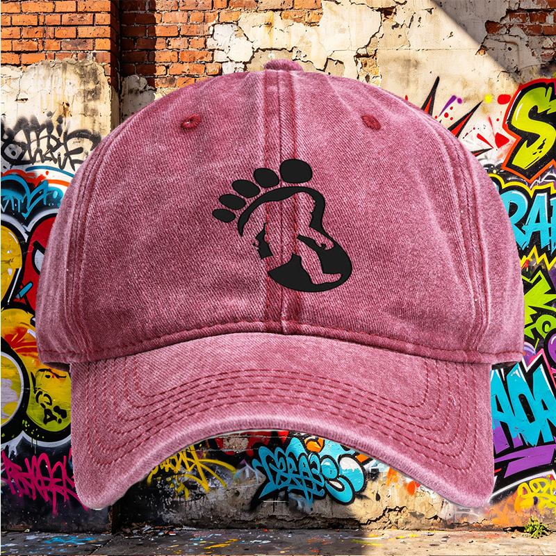 Unisex Classic Washed Cap with Bigfoot Silhouette Print - Outdoor Adventure Hat for Hiking, Camping, and Nature Enthusiasts