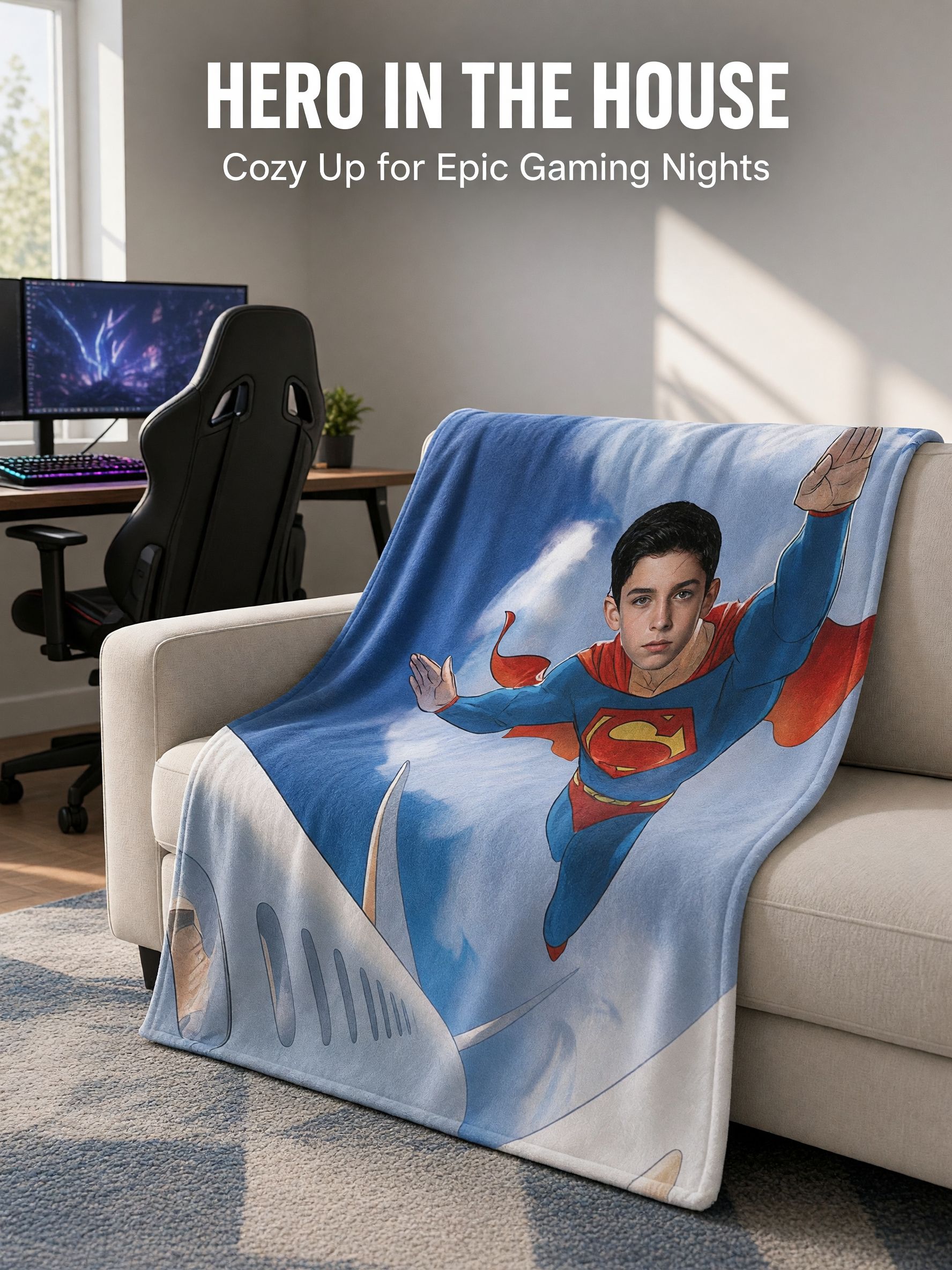 Personalized Superhero Photo Blanket, Custom Face Plush Flannel Throw for Kids, Ideal Cozy Gift for Bed and Couch