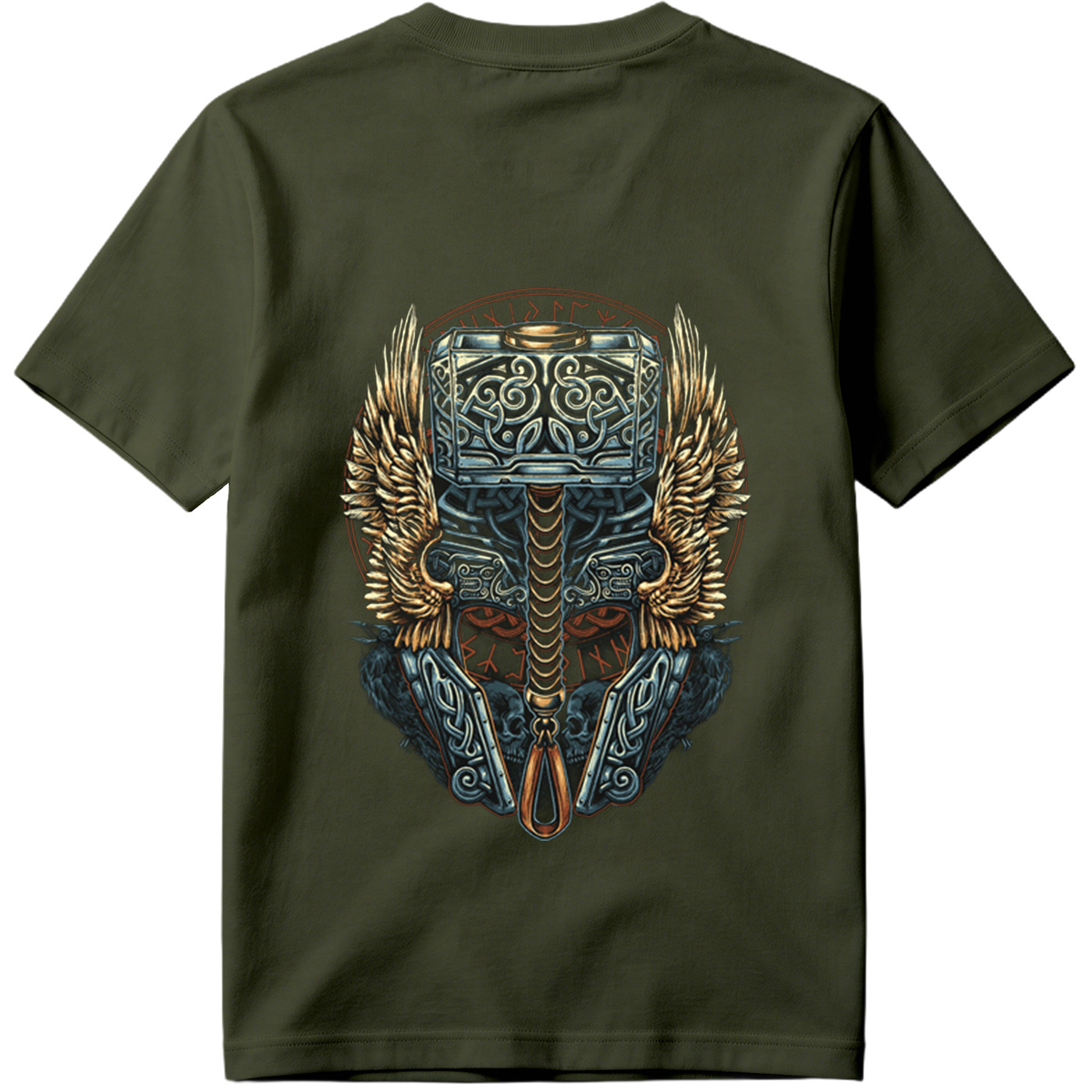 Thor's Hammer Mjolnir with Norse Symbols and Wings - Tee