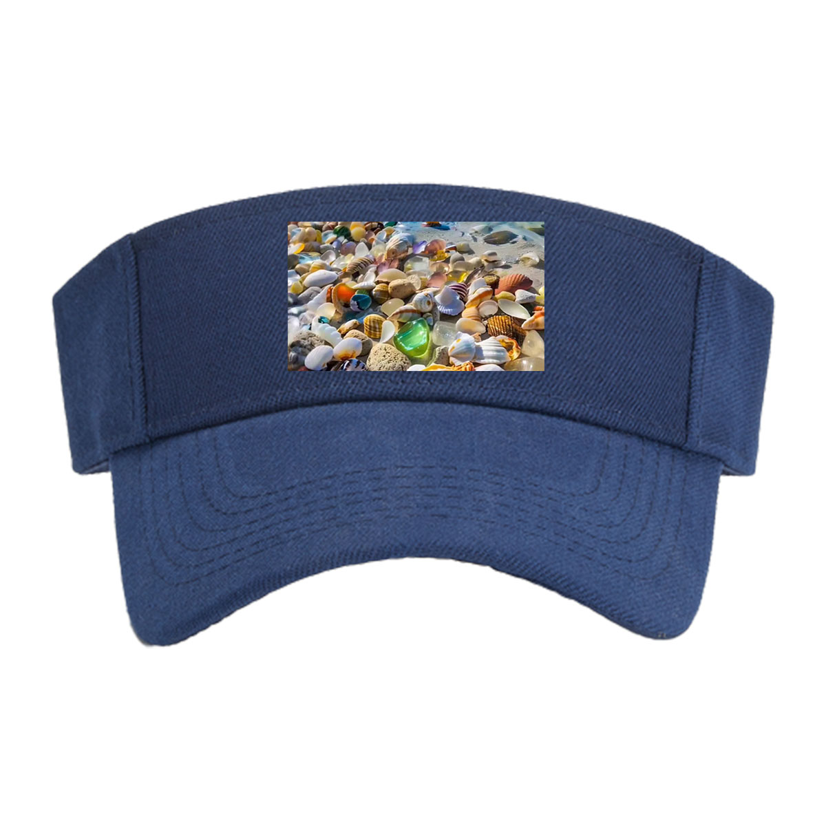 Colorful seashells on a tropical beach with clear blue water and sky. -  Visor cap