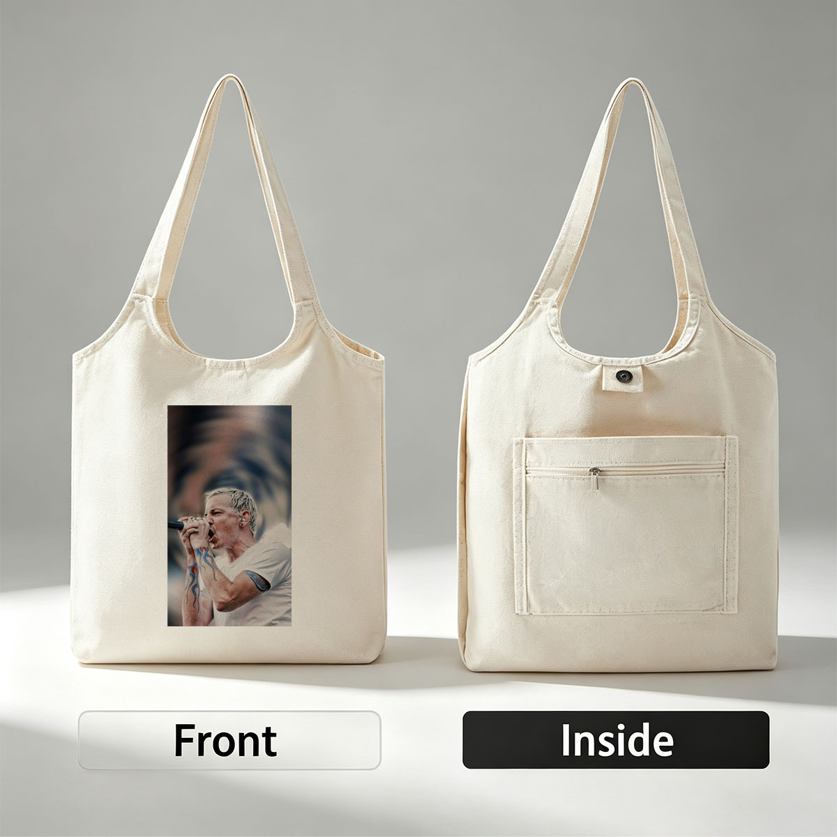 Blink-182 Lead Singer Performing with Microphone and Tattooed Arms - Canvas shoulder bags/