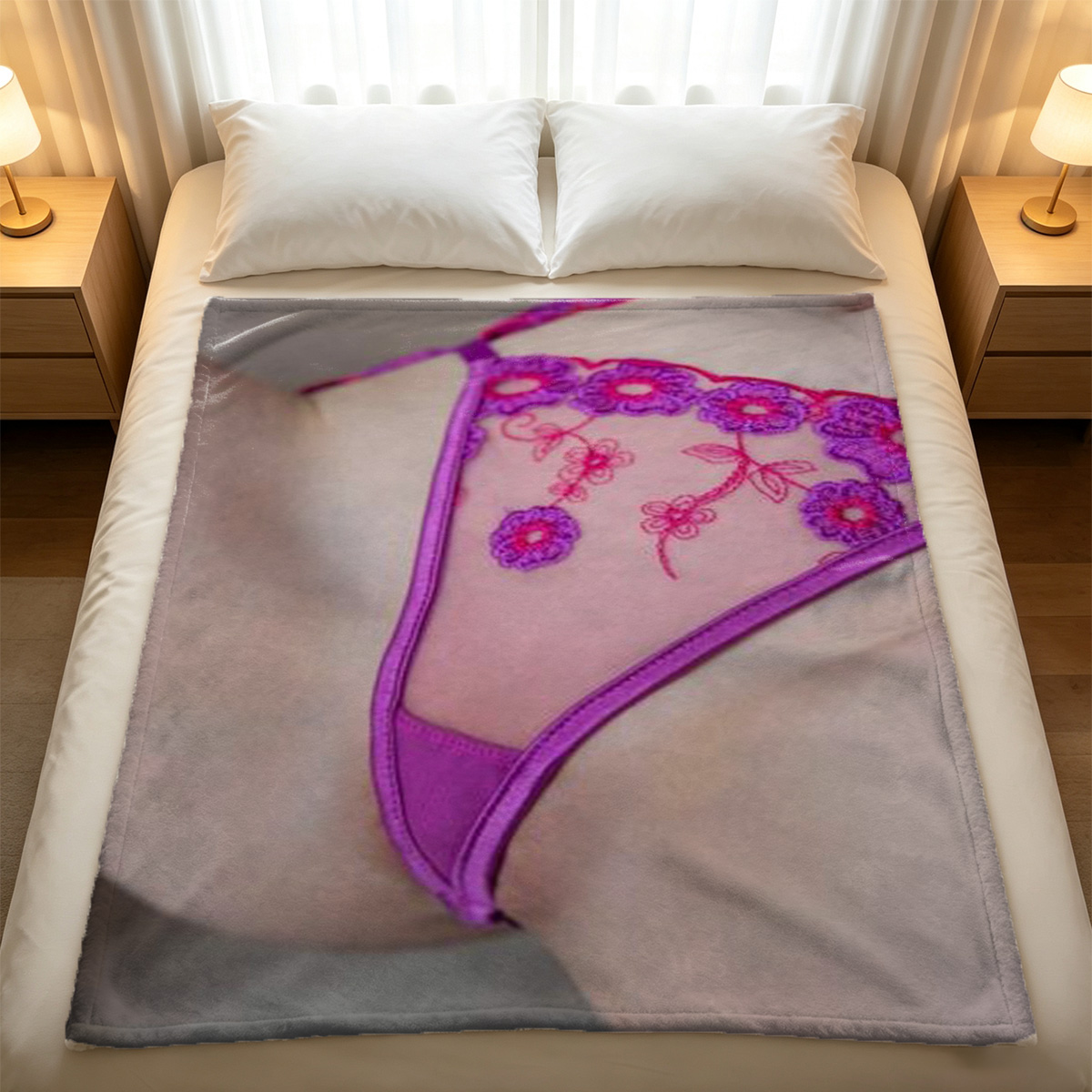 A woman in a purple lace cheongsam and black stockings lying on a white sofa. - Blanket