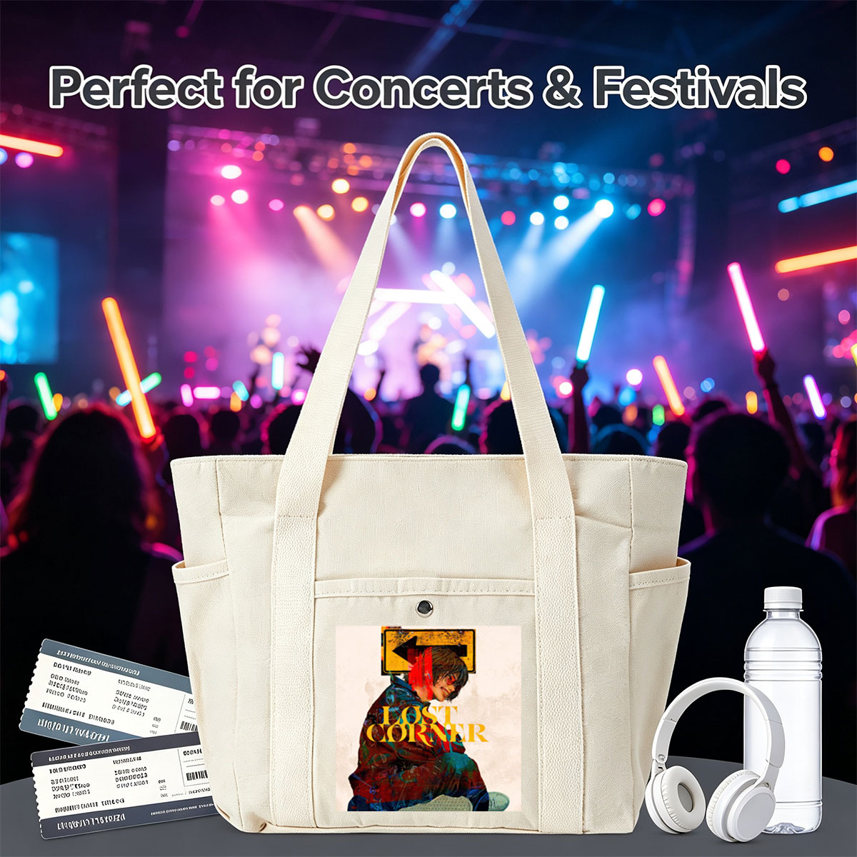 Lost Corner Band in Urban Scene with Graffiti-Style Art and Directional Sign - Multi-pocket bags