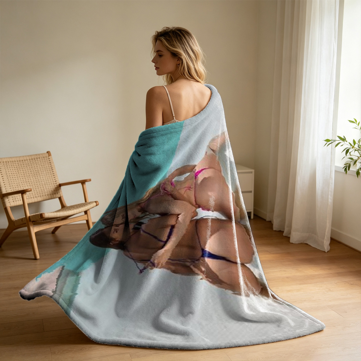 Naked Japanese woman leaning on couch by city window - Blanket