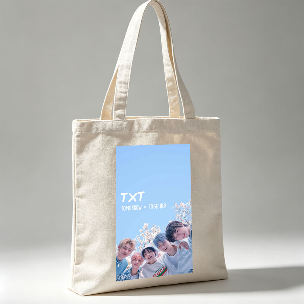 TXT Tomorrow x Together Members in a Spring Cherry Blossom Scene Under a Clear Blue Sky - Canvas tote bags
