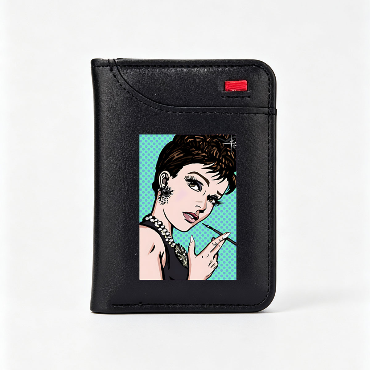 Audrey Hepburn in Pop Art Style, Wearing Pearls and Holding a Cigarette - Vertical Style Wallet