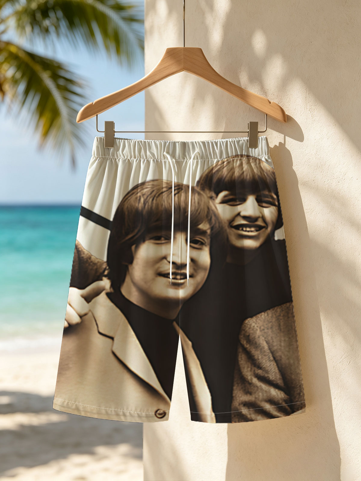 The Beatles: John, Paul, George, and Ringo in a classic pose -  Beach shorts