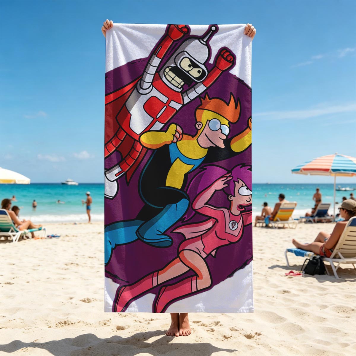 Futurama Characters: Bender, Fry, and Leela in Action Pose - Beach towels