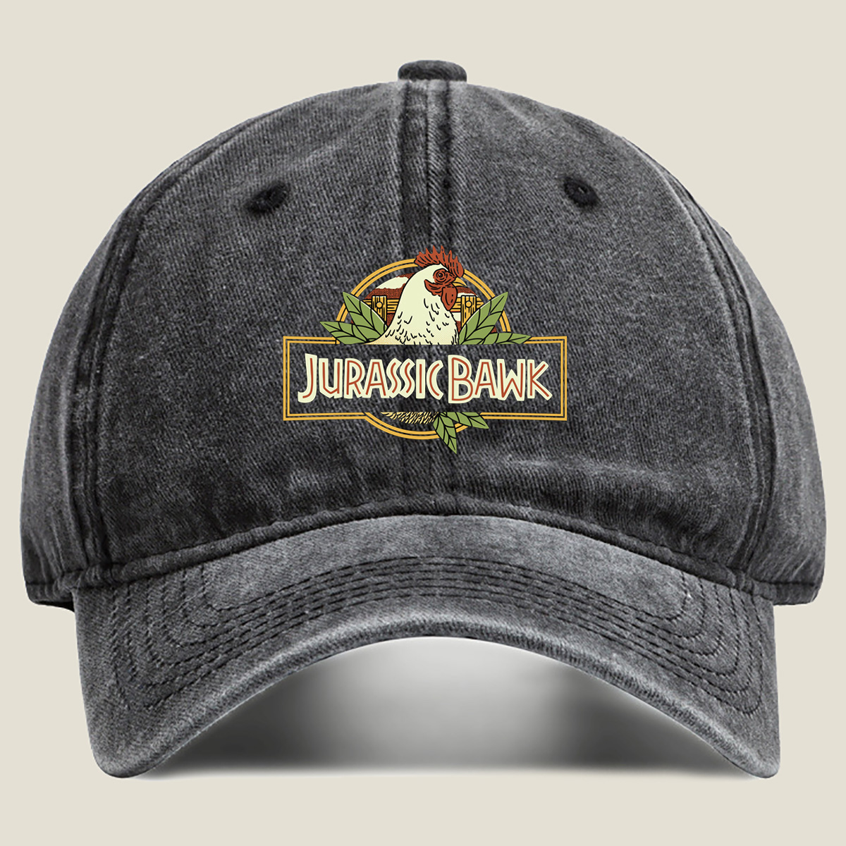 Jurassic Bawk - Chicken Logo Design - Washed Denim - Baseball Cap