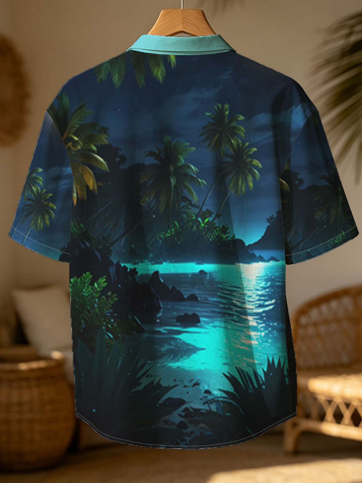 Moonlit Tropical Beach with Palm Trees and Glowing Water -  Shirt
