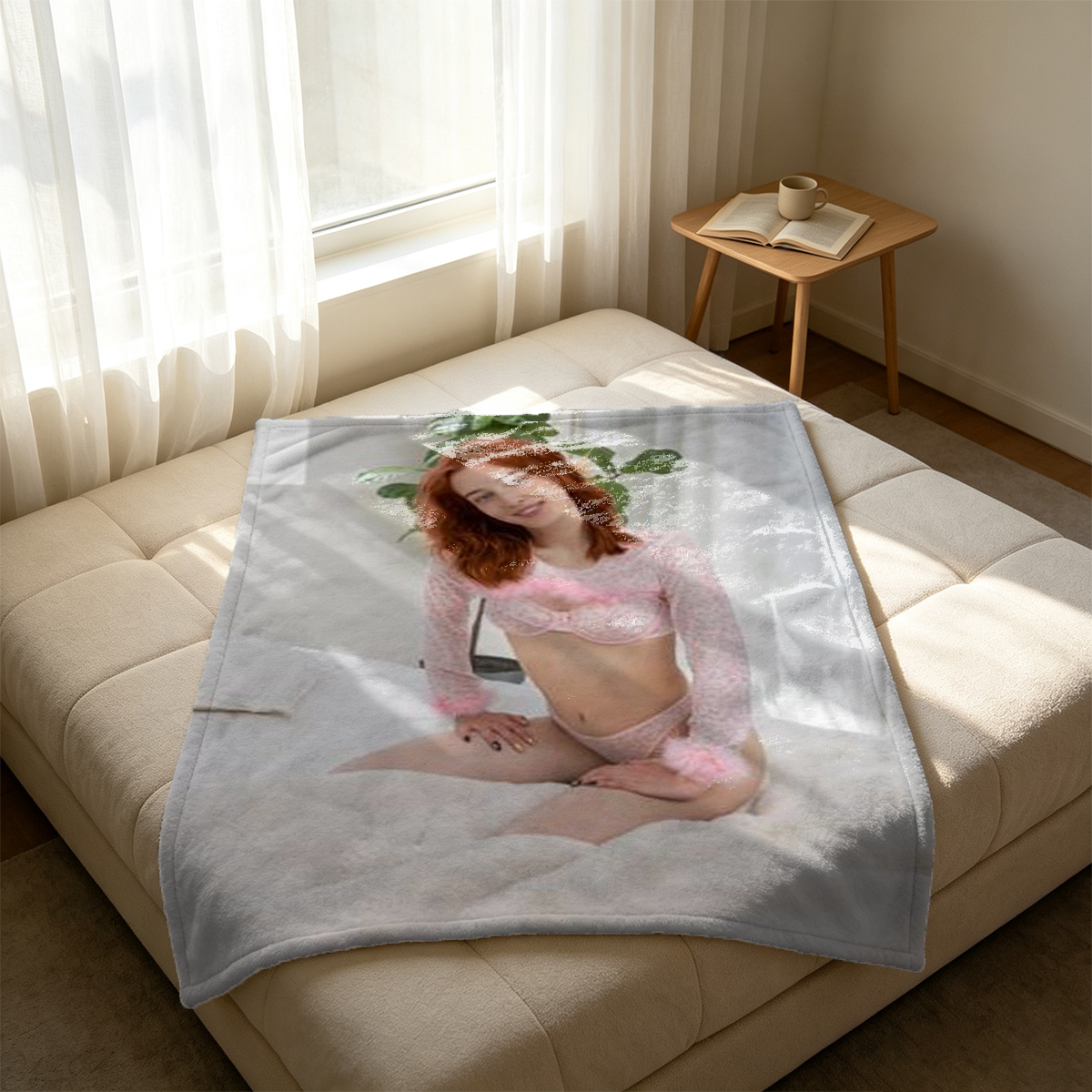 Mysterious Woman in Purple Lace Lingerie and Venetian Mask - Blanket