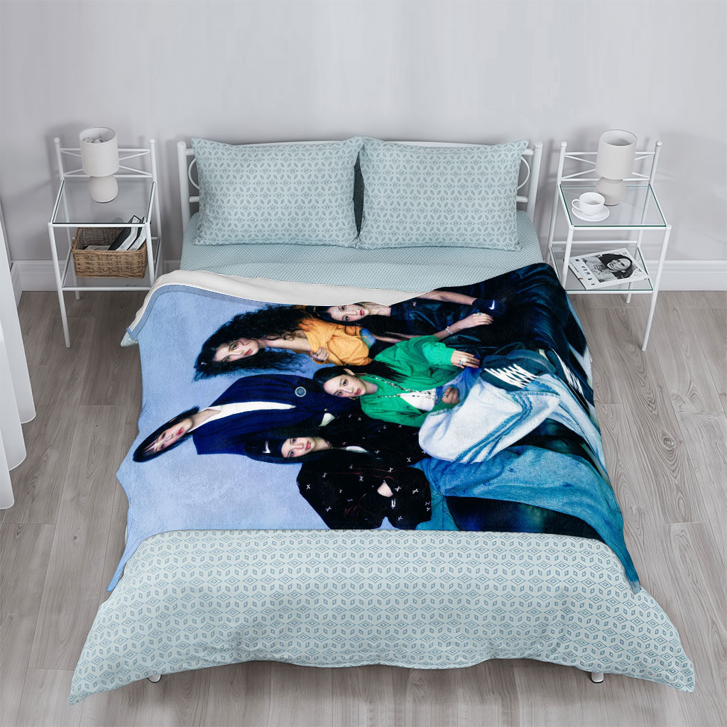 NewJeans Group Photo - Five Members in Stylish Outfits Posed Against a Blue Background - Blankets