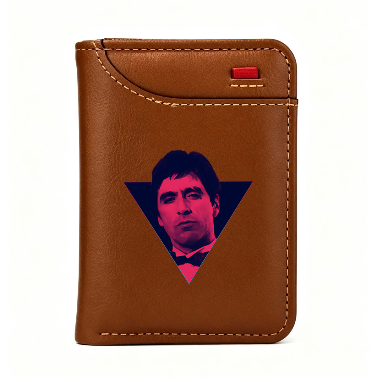 Al Pacino in a stylized portrait with vibrant pink and blue tones, framed within a triangle. - Vertical Style Wallet