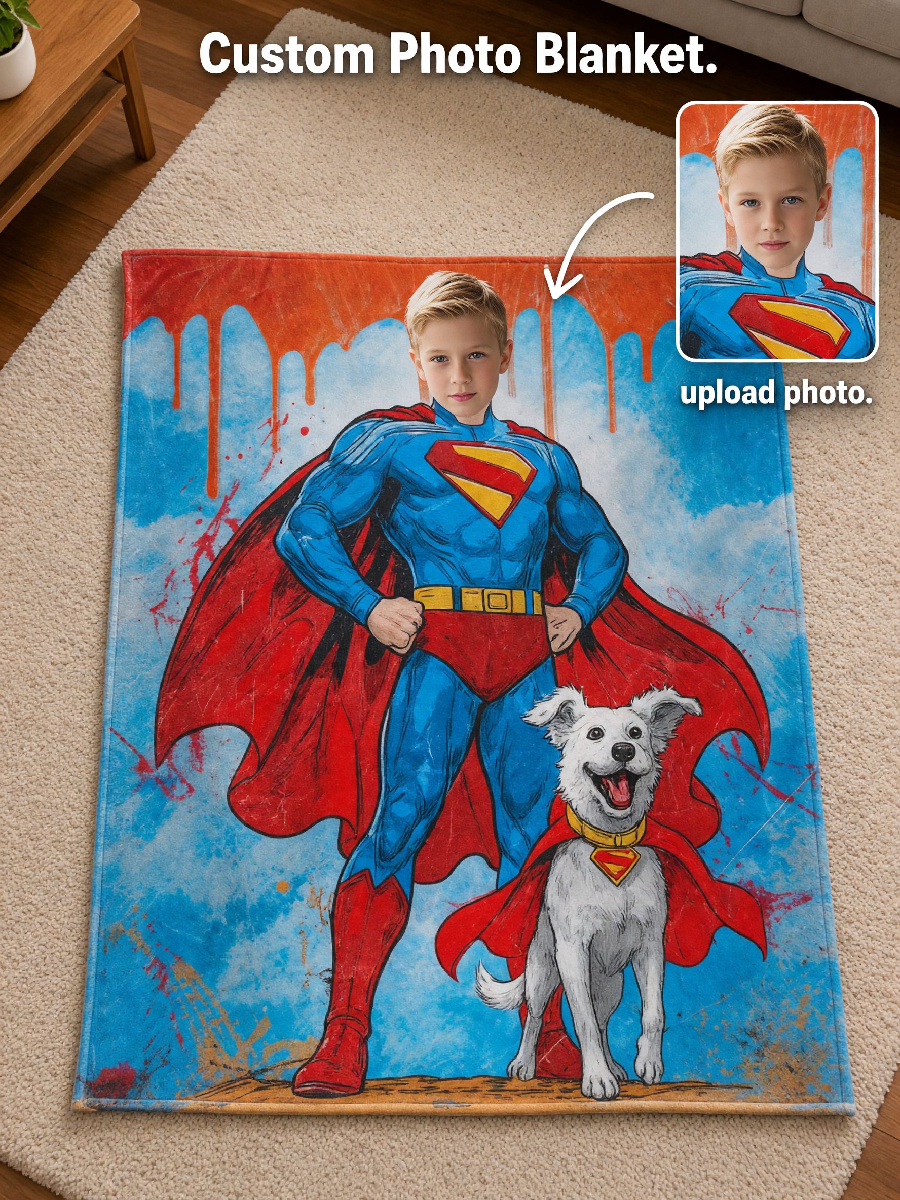 Custom Face Superhero Flannel Fleece Blanket Personalized Hero and Dog Photo Throw Ultra Soft Anti-Pilling Cozy Bedding