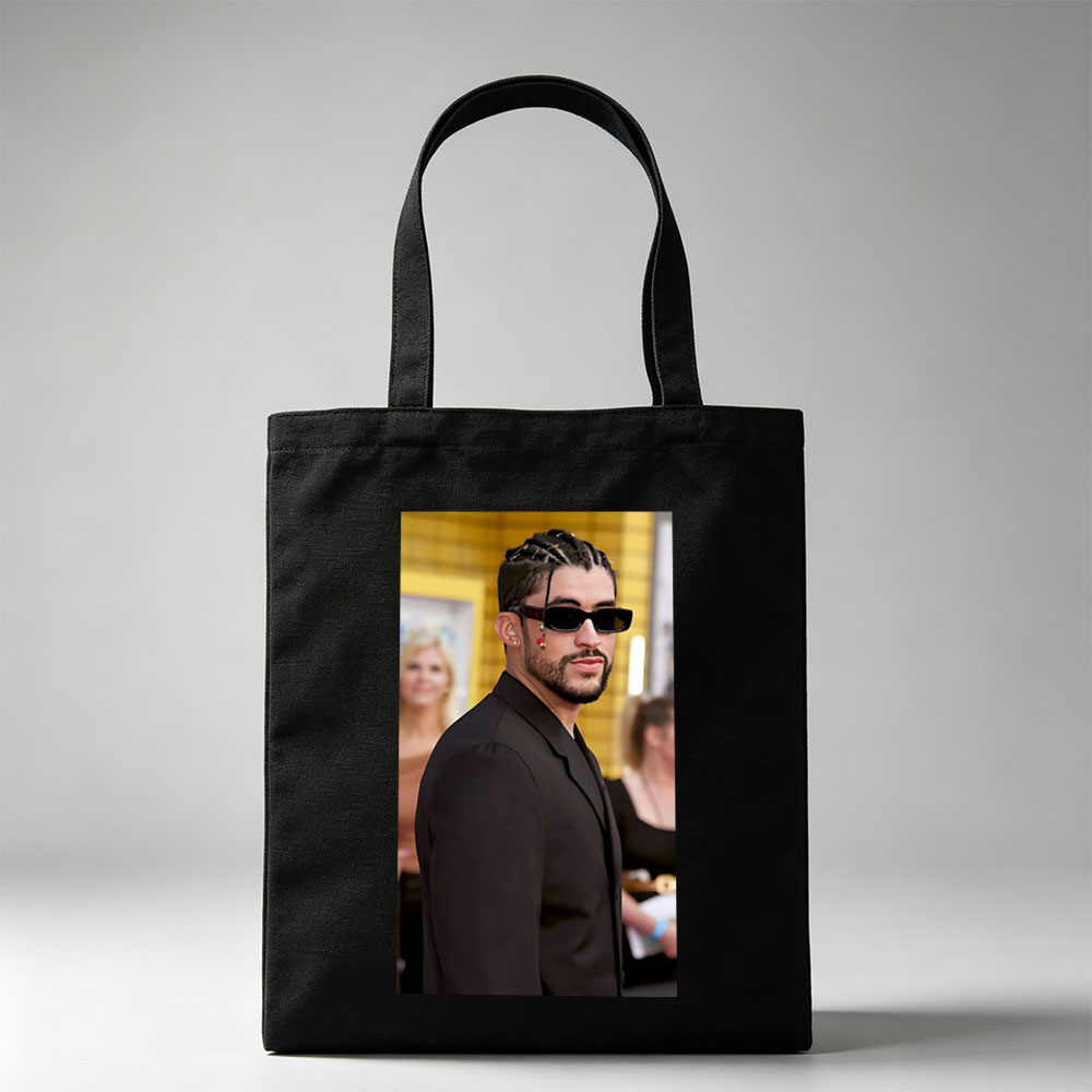 Bad Bunny at the Red Carpet Event Wearing a Black Suit and Sunglasses - Canvas tote bags
