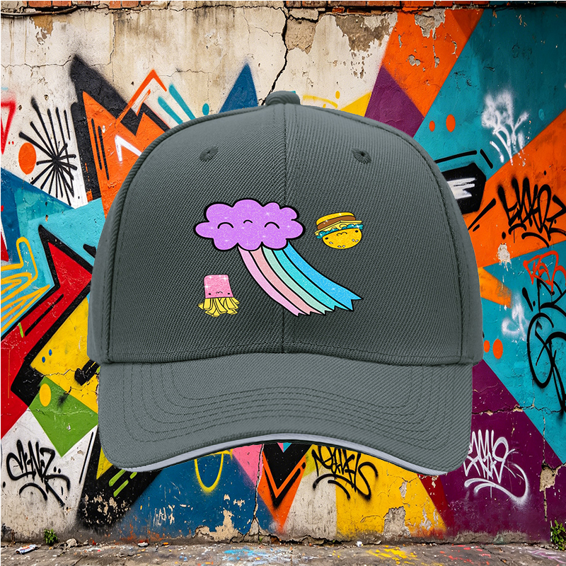 Unisex Classic Sandwich Hat with Kawaii Rainbow Cloud, Happy Burger & Fries Print – Perfect for Casual Outings, Festivals, and Daily Wear – Ideal for Teens and Young Adults Loving Fun Food-Themed Fashion