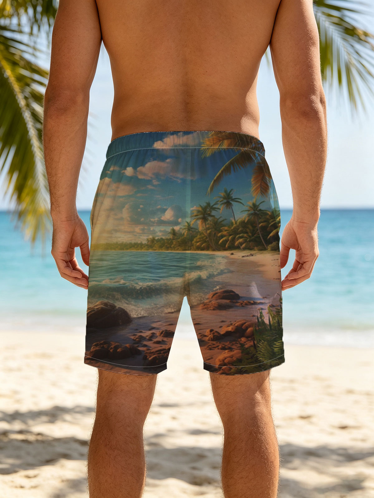Tropical Beach at Sunset with Palm Trees and Gentle Waves -  Beach shorts