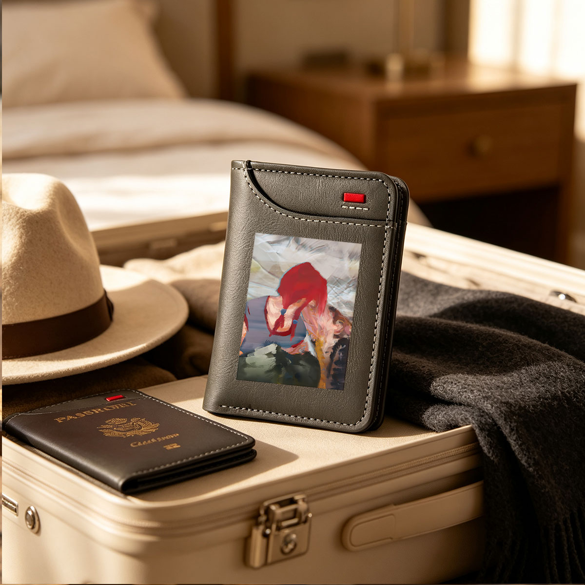Red-Haired Figure in Abstract Embrace - Vertical Style Wallet