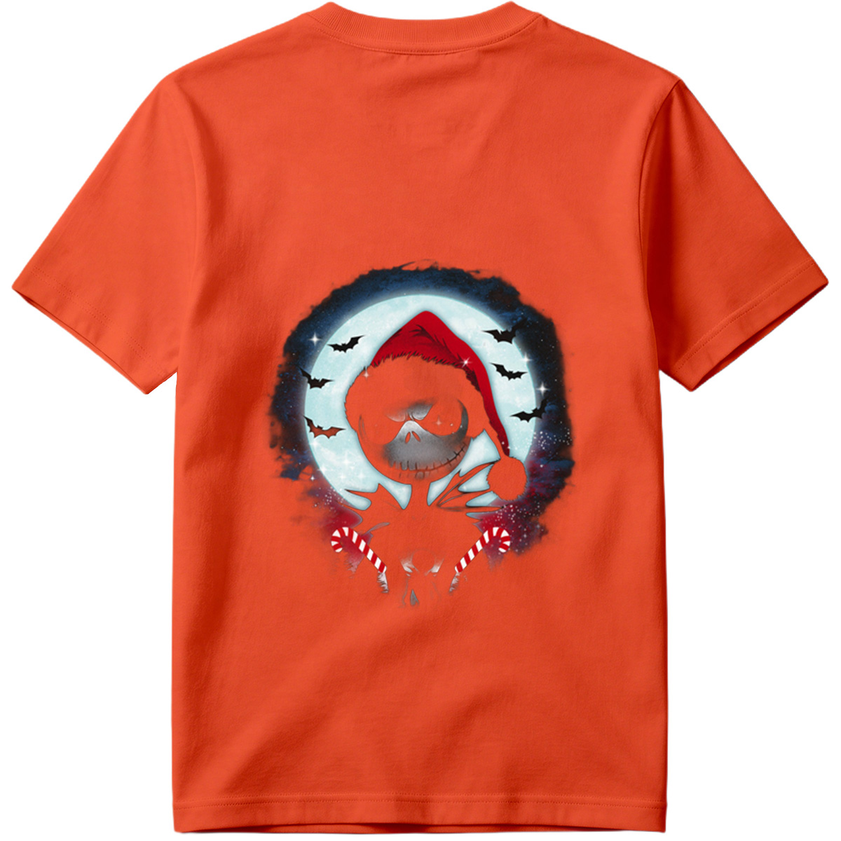 Jack Skellington in Santa Hat with Candy Canes Against Moonlit Sky - Tee